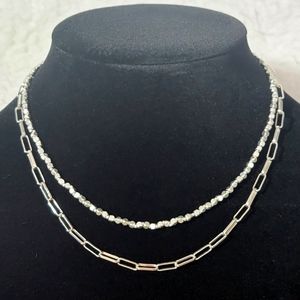 Silver Tone Layered Necklace Chains Nugget Beads Adjustable